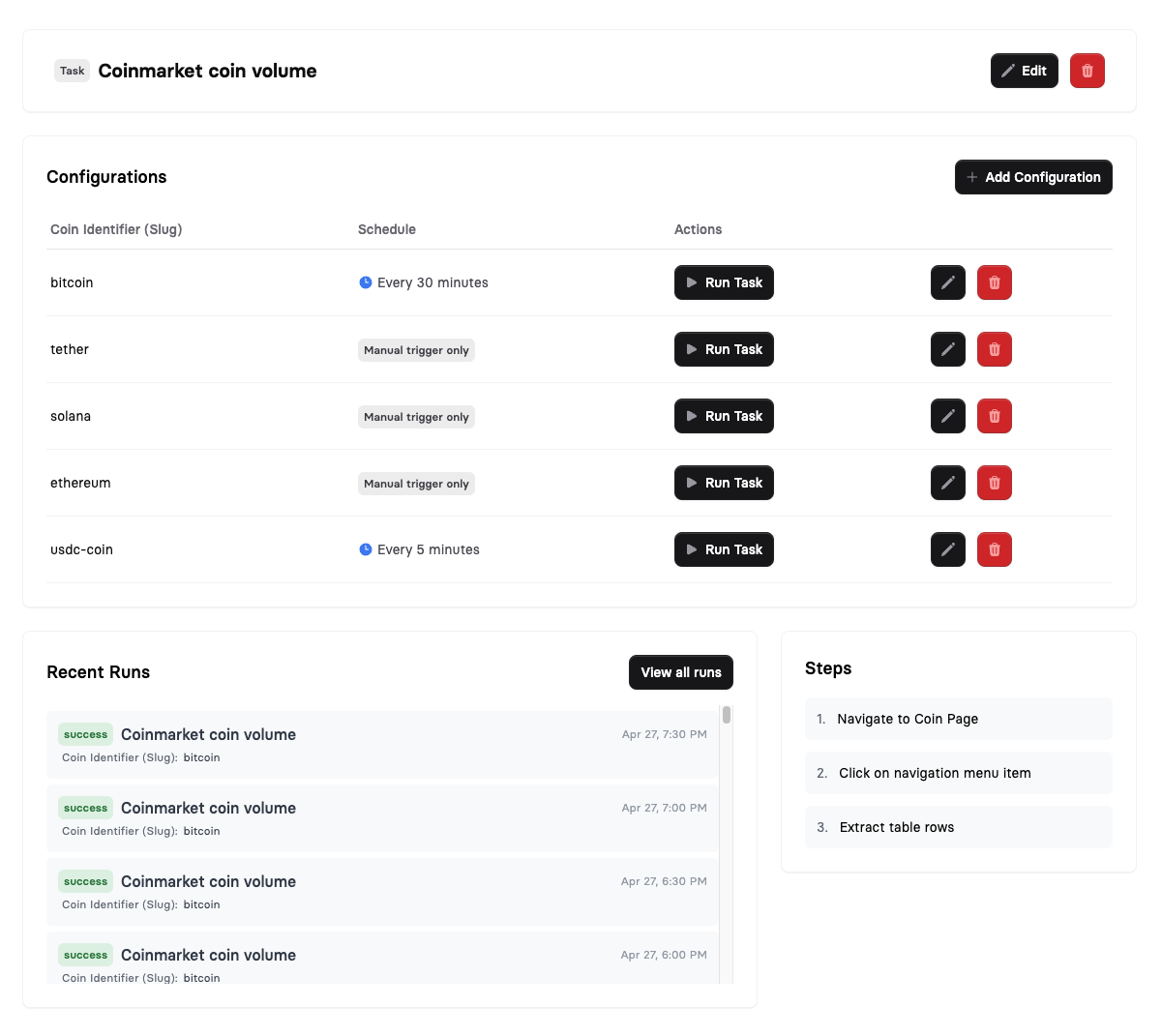Task configuration interface